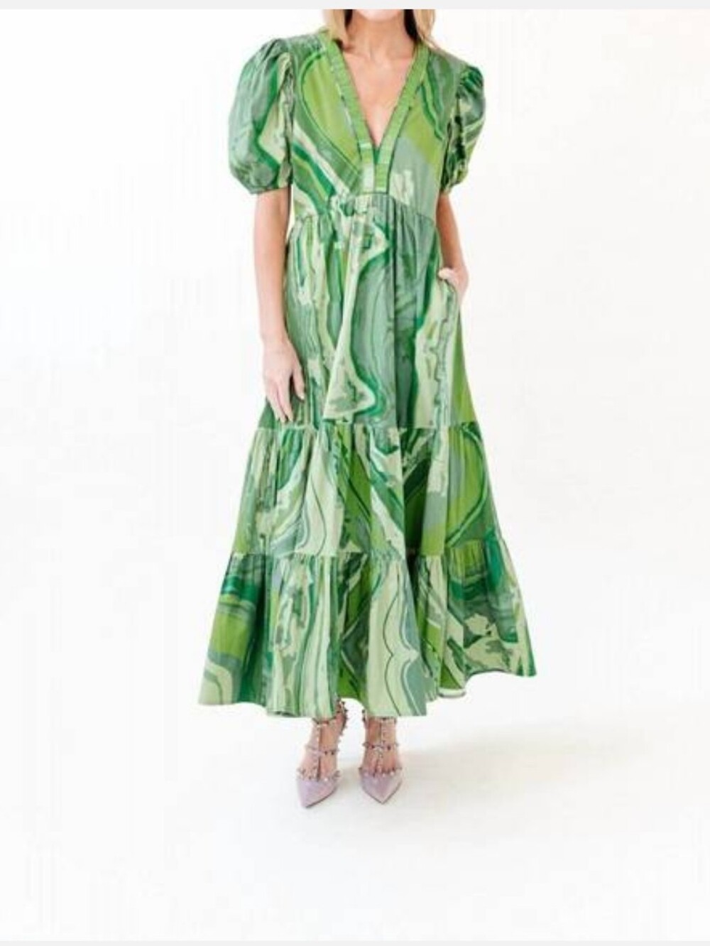 Margot Dress In Moss Agate Green Marble-Print Maxi Dress with Puff Sleeves